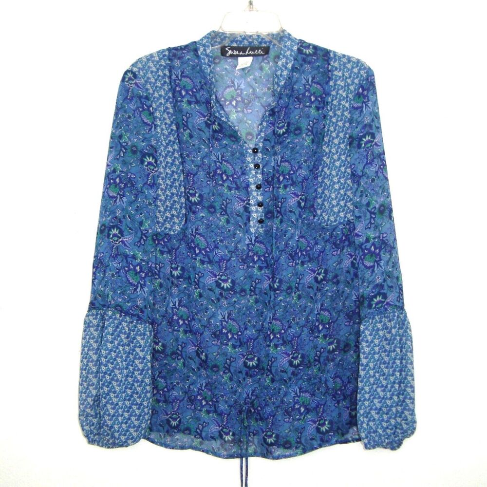 Susan Lucci Boho Blue Floral Chiffon 1/4 Button Front Long Sleeve Blouse Size L
